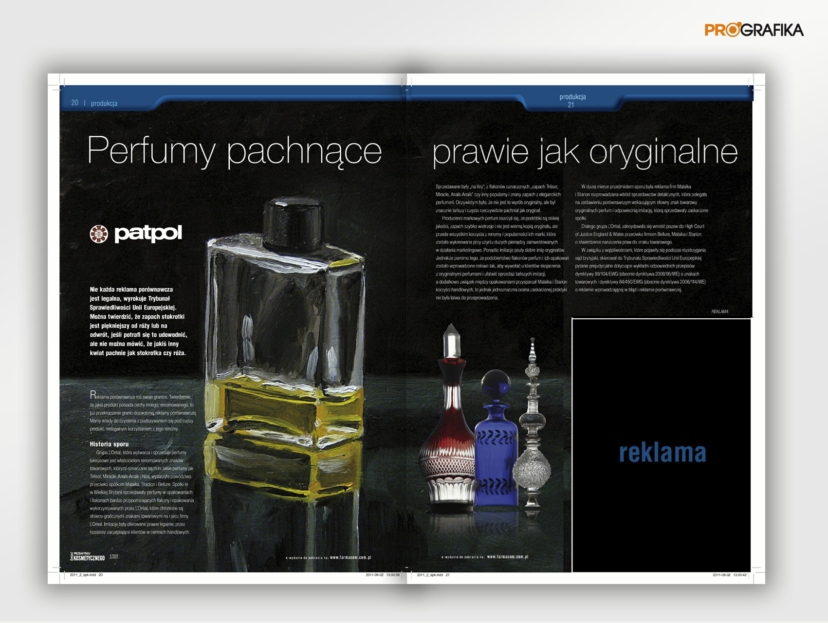 Artykuł prasowy z dwoma stronami, prezentujący zbliżenie flakonu perfum z lewej strony i trzy ozdobne flakony z prawej, z tekstem dotyczącym reklamy porównawczej i historii sporu w tle.