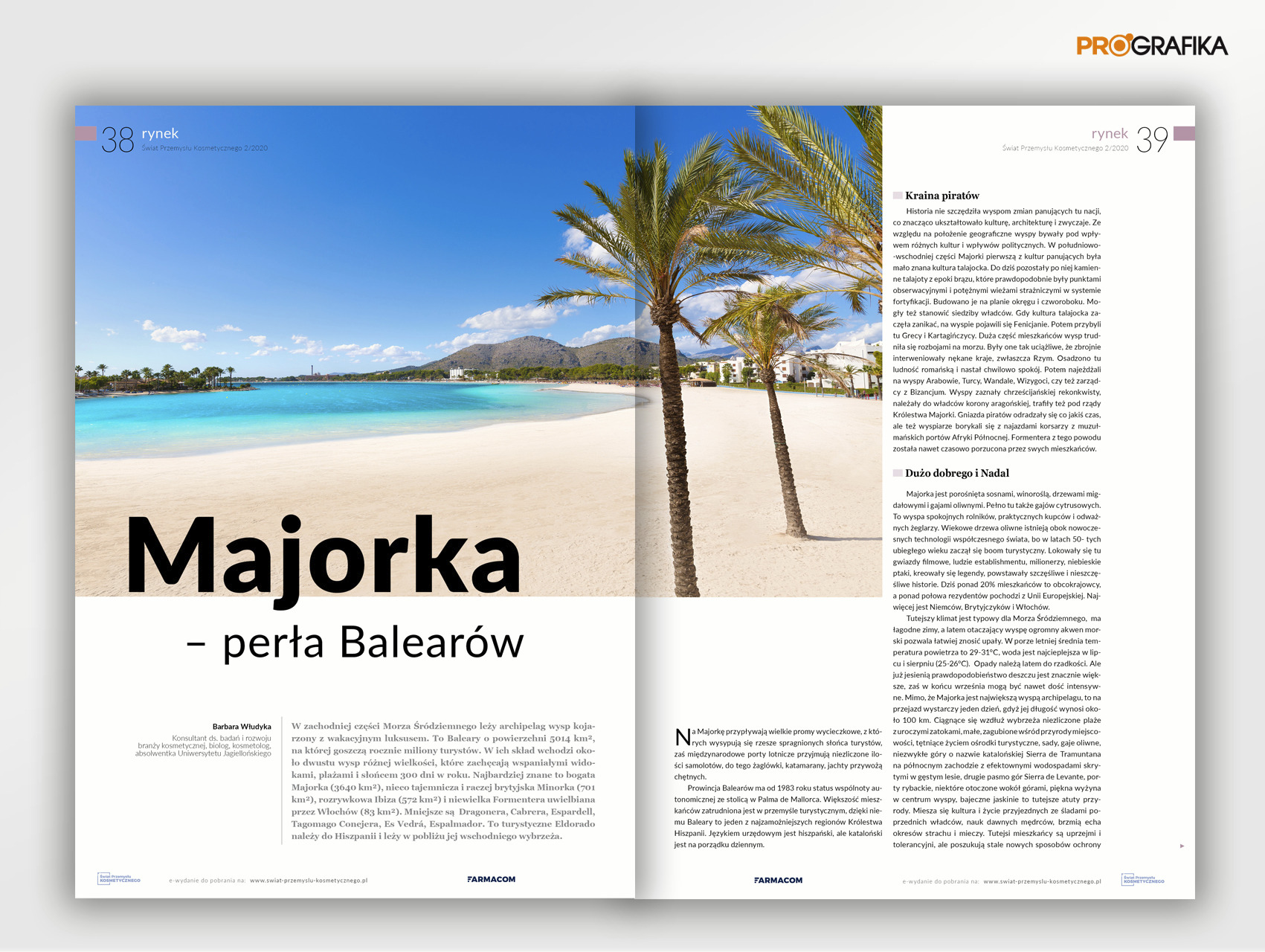 Otwarta dwustronicowa publikacja z fotografią błękitnej zatoki Majorki, palm i białego piasku, z tekstem opisującym wyspę i jej historię, opublikowana w 'Świat Przemysłu Kosmetycznego'.