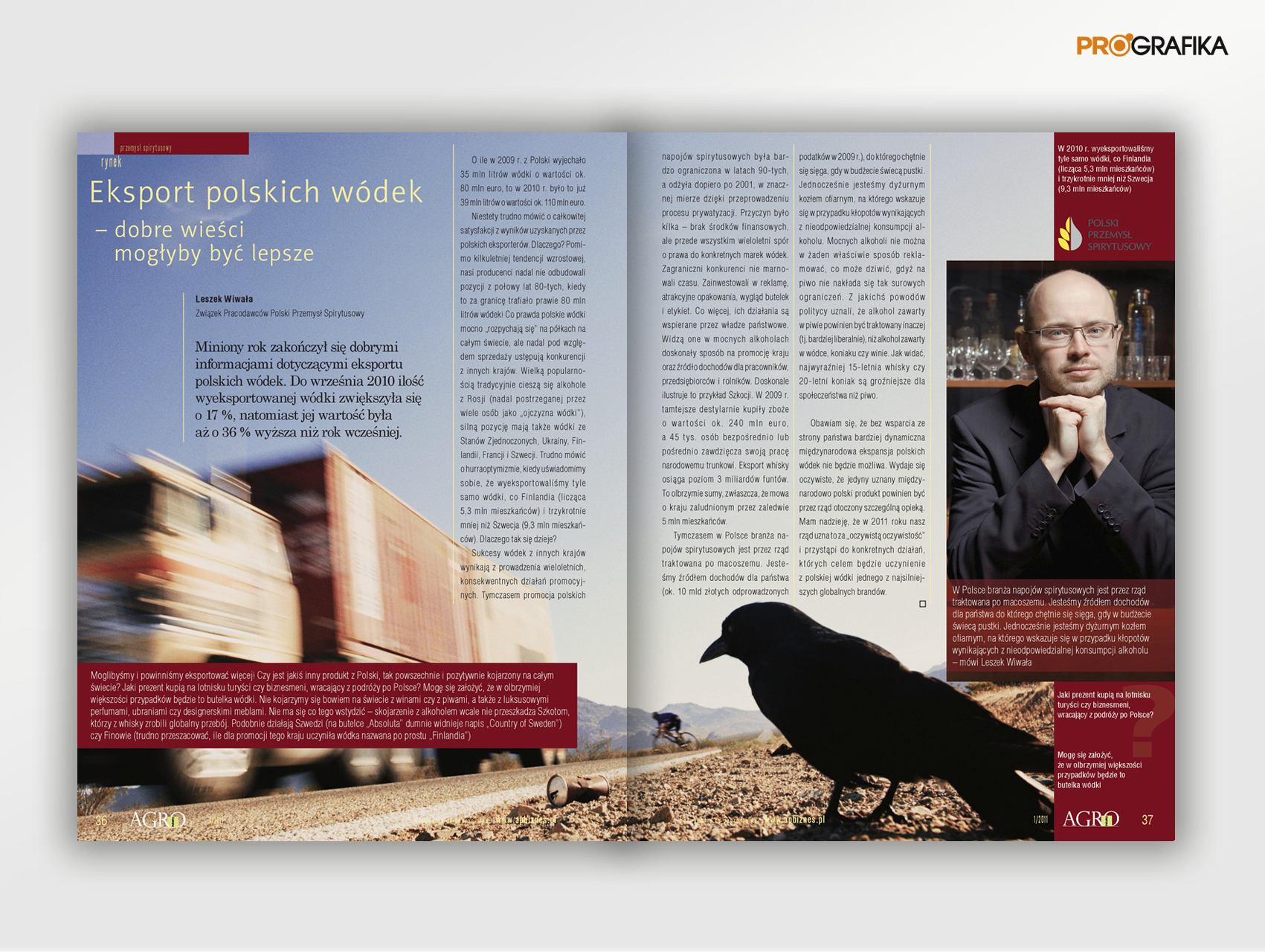 Artykuł prasowy o eksporcie polskich wódek, z portretem Leszka Wiwały na tle butelek. Layout strony w stylu magazynu.