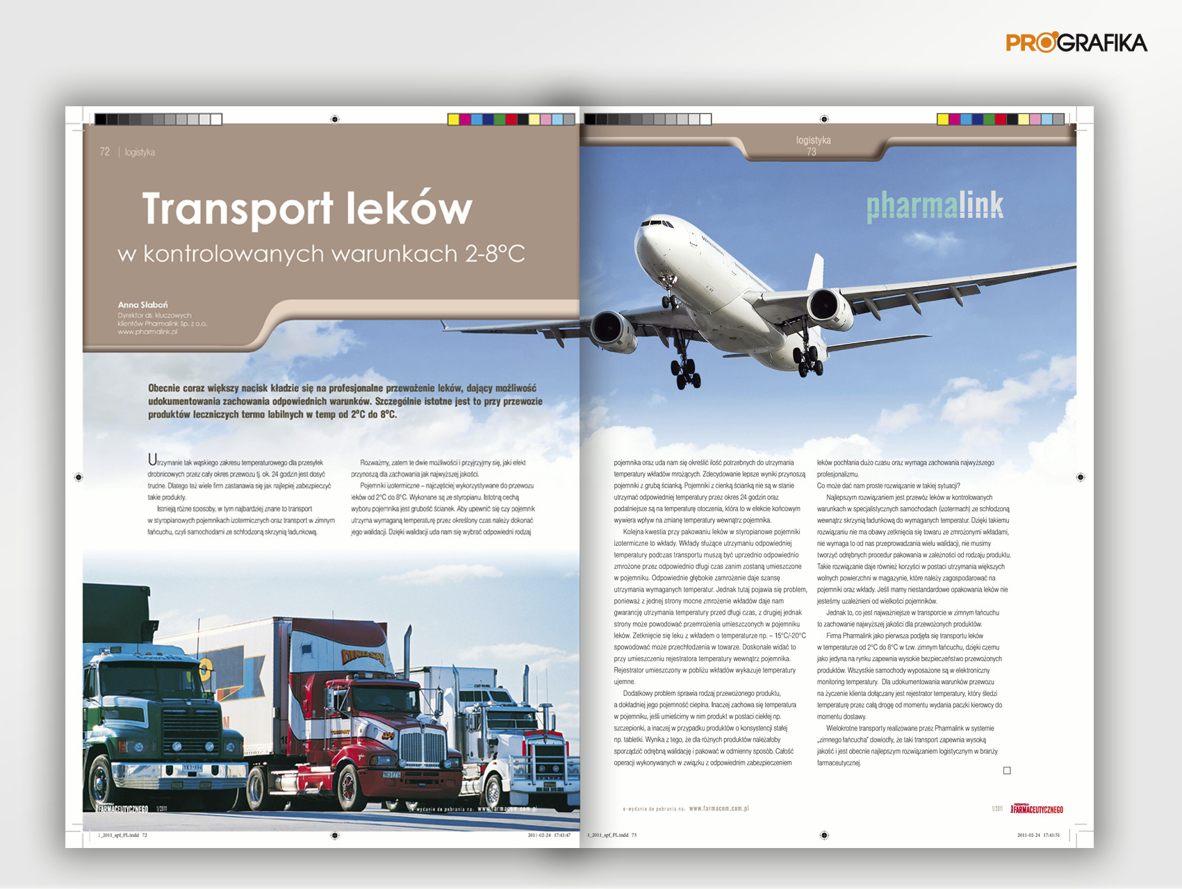 Rozkładówka czasopisma branżowego Prografika dotycząca transportu leków w kontrolowanych warunkach, ilustrowana zdjęciem samolotu w locie oraz ciężarówek z chłodniami.