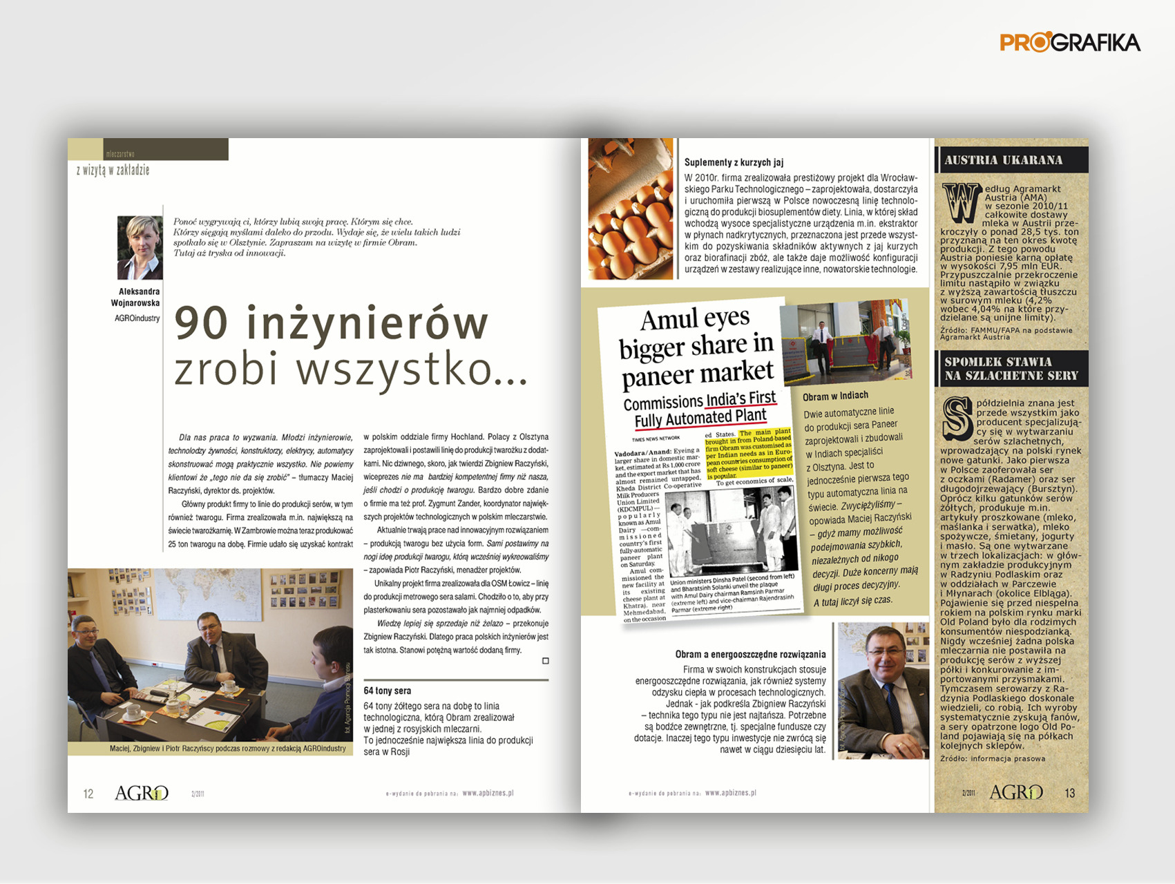 Artykuł prasowy z nagłówkiem '90 inżynierów zrobi wszystko...' oraz informacjami o firmie Obram, specjalizującej się w projektowaniu i budowie linii produkcyjnych dla przemysłu spożywczego, w tym...