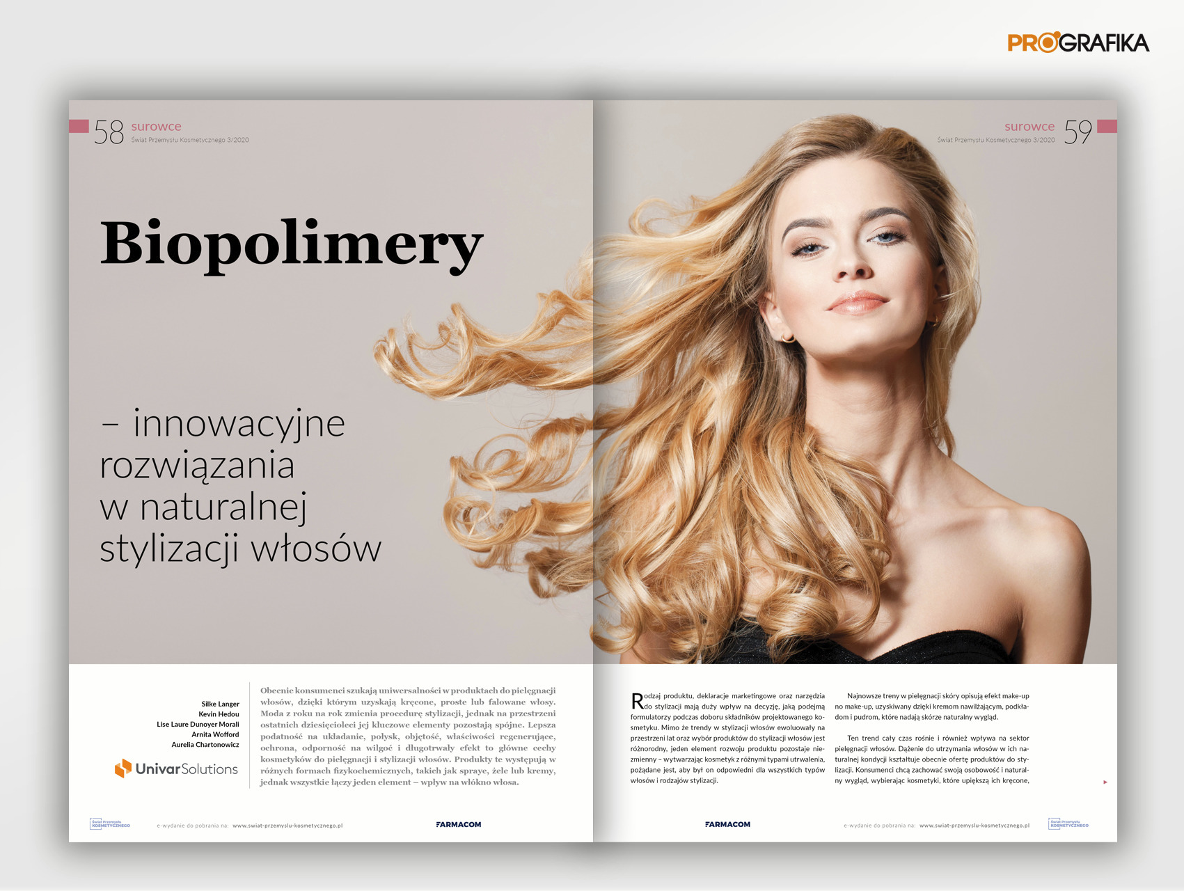 Dwustronicowy layout publikacji o biopolimerach w stylizacji włosów, z wizerunkiem blond modelki i tekstem o innowacyjnych rozwiązaniach, opublikowany w 'Świat Przemysłu Kosmetycznego'.