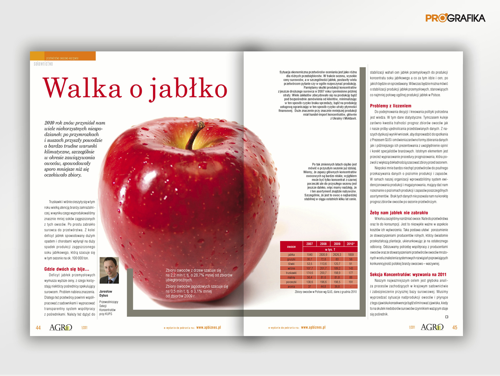 Strona publikacji o przetwórstwie owocowo-warzywnym, artykuł 'Walka o jabłko' z wykresem zbiorów jabłek w latach 2007-2010 i zdjęciem soczystego, czerwonego jabłka z kroplami wody.
