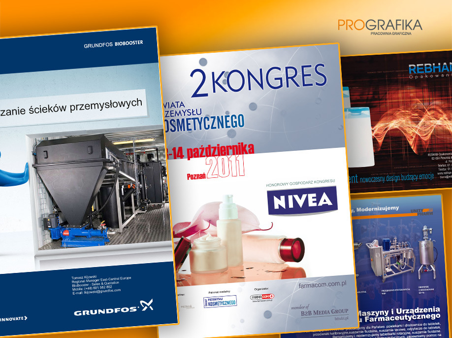 Kompilacja okładek broszur i plakatów reklamowych, prezentujących różnorodne projekty graficzne, od przemysłowych instalacji oczyszczania ścieków po konferencje kosmetyczne i opakowania produktów.