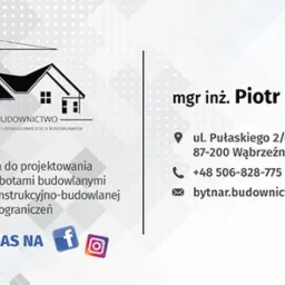 Wizytówka firmy Bytnar Budownictwo z logo przedstawiającym dom w budowie i danymi kontaktowymi mgr inż. Piotra Bytnara, specjalisty od projektowania i kierowania robotami budowlanymi.