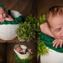Noworodek w zielonym czepku śpiący w białym wiaderku otoczonym zielonymi roślinami, Bełchatów. Kolaż z dodatkowymi ujęciami dziecka w różnych aranżacjach.