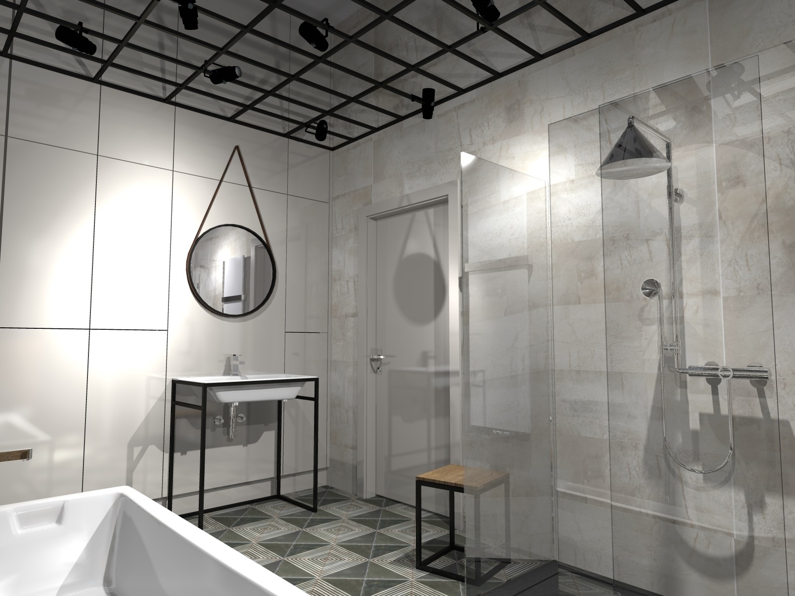 Wizualizacja łazienki z kabiną prysznicową, umywalką na metalowym stelażu, okrągłym lustrem na skórzanym pasku i geometryczną podłogą.