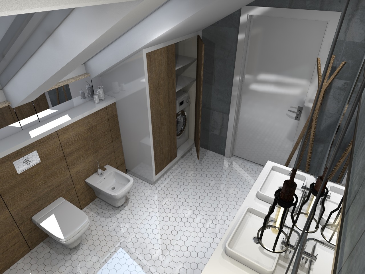 Wizualizacja łazienki na poddaszu z pralką ukrytą w szafie, białą armaturą, heksagonalną podłogą i designerską lampą wiszącą.