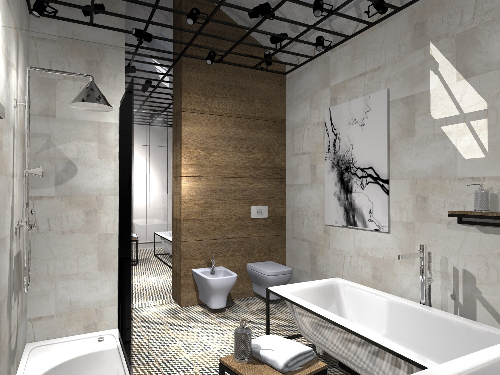 Nowoczesna łazienka z wanną wolnostojącą, bidetem i toaletą w neutralnej kolorystyce, oświetlona punktowymi lampami na suficie, z dekoracyjną ścianą z drewnianych paneli i abstrakcyjnym obrazem...