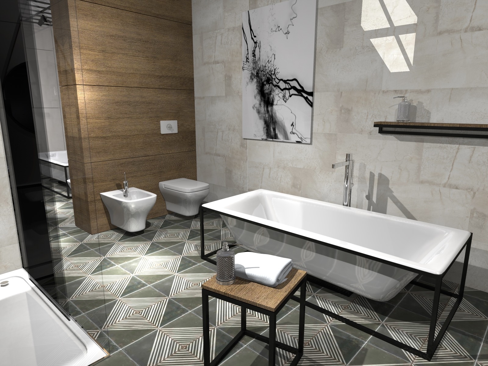 Wizualizacja łazienki z wolnostojącą wanną na czarnych nogach, bidetem i toaletą w nowoczesnym stylu, wzorzysta podłoga i grafika na ścianie.