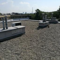 Odbierajznami - Płaski dach budynku pokryty drobnym żwirem, widoczne kominy wentylacyjne, klimatyzatory i budynki w tle z kominami przemysłowymi.