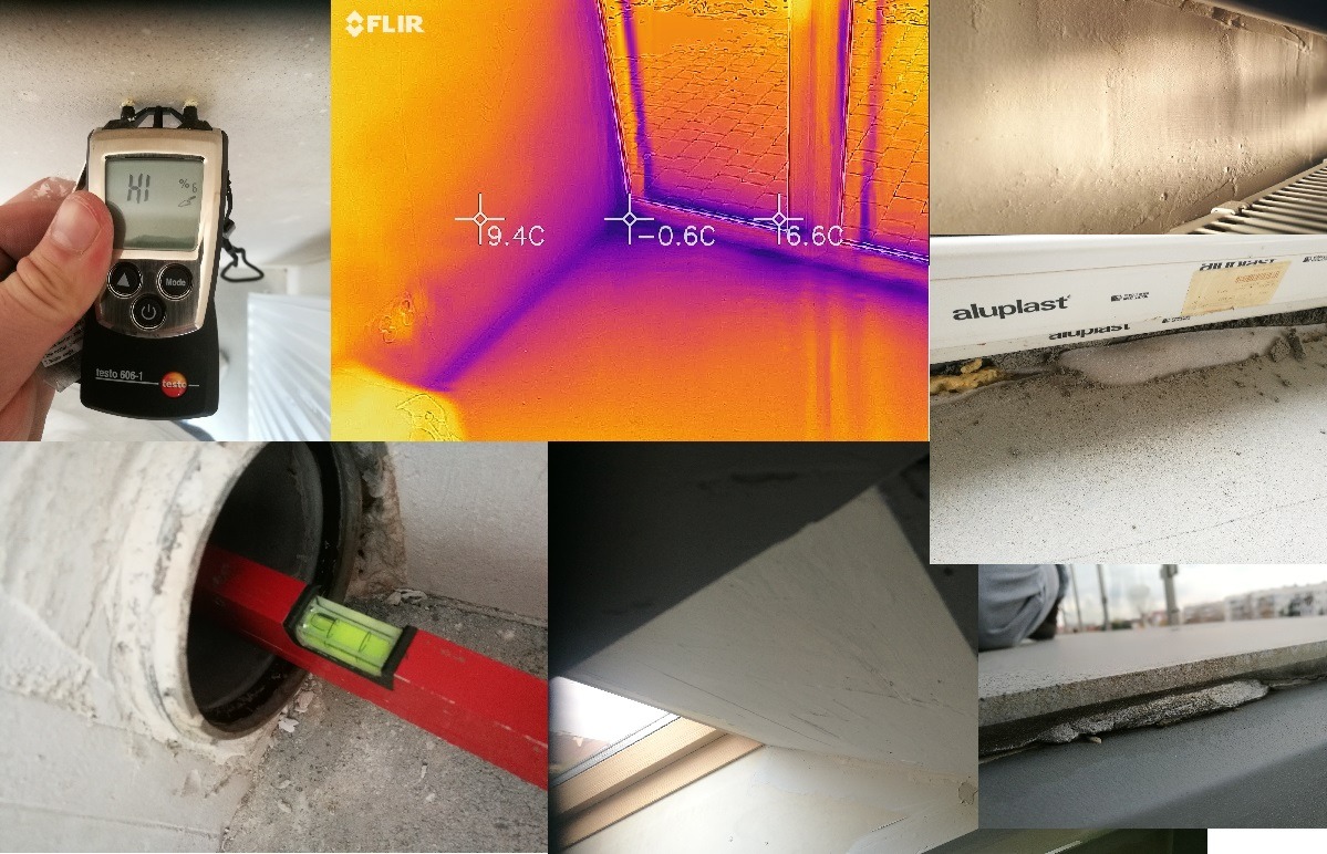 Kompozycja zdjęć przedstawiająca pomiar wilgotności miernikiem Testo 606-1, termogram narożnika z temperaturami, poziomowanie rury, detale okna Aluplast i wykończenia budowlane.