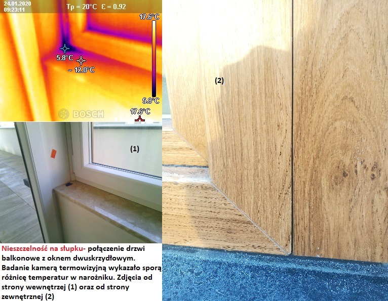 Badanie termowizyjne nieszczelności połączenia drzwi balkonowych z oknem dwuskrzydłowym, widoczny termogram wskazujący różnicę temperatur w narożniku z perspektywy wnętrza i z zewnątrz.