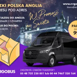 Czarny bus transportowy na tle Tower Bridge w Londynie, oferta przewozu paczek Polska-Anglia w promocji świątecznej, dni wyjazdu podane na plakacie reklamowym.