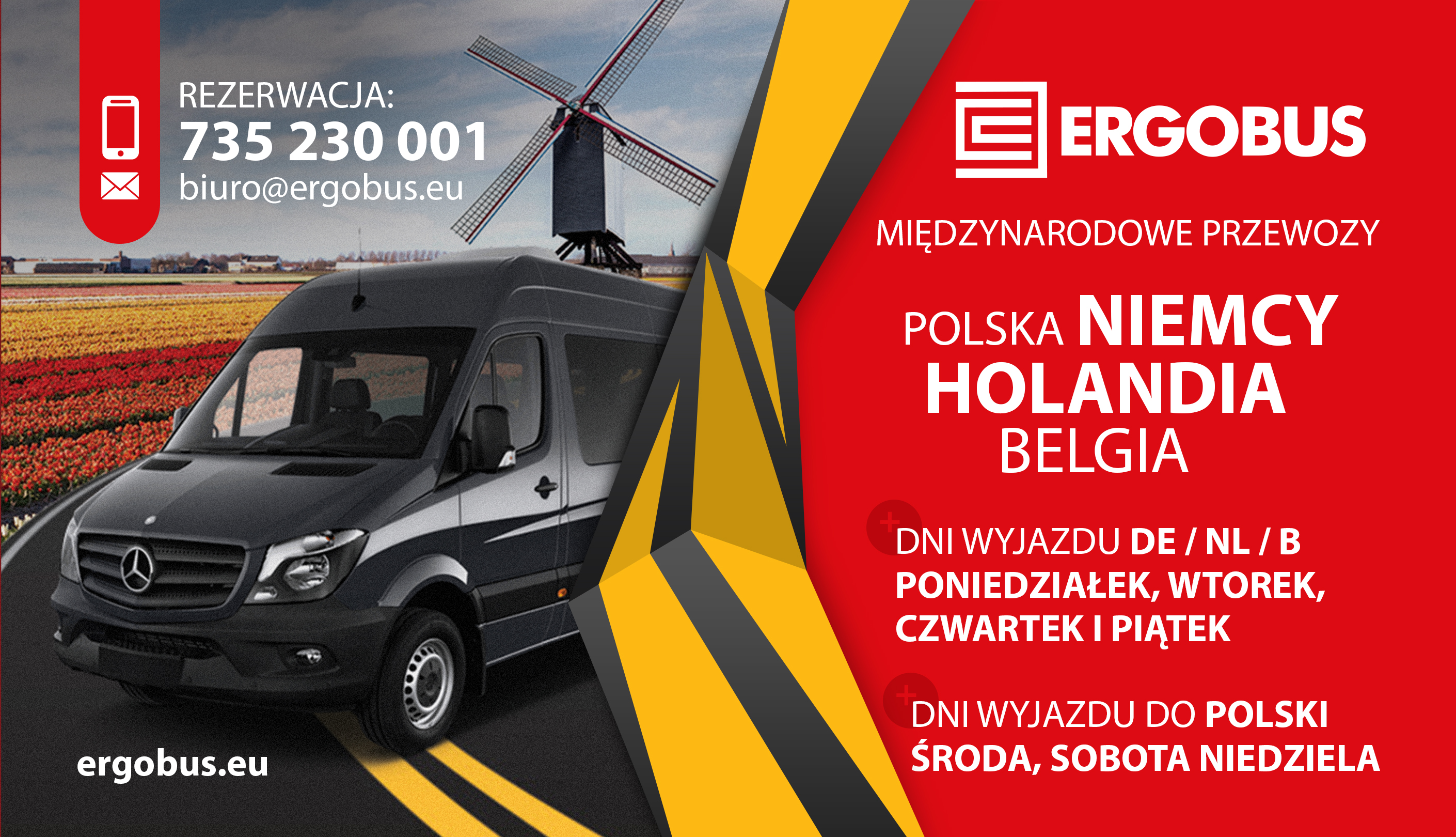 Grafika reklamowa firmy Ergobus z szarym busem na tle pola tulipanów i wiatraka, oferującej międzynarodowe przewozy do Polski, Niemiec, Holandii i Belgii.