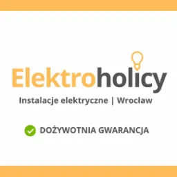 Logo firmy Elektroholicy z Wrocławia, oferującej instalacje elektryczne, z dożywotnią gwarancją, żarówka w logo.