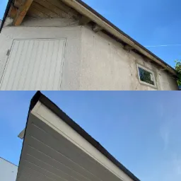 Porównanie stanu dachu przed i po renowacji: widoczne drewniane elementy konstrukcyjne przed naprawą oraz nowe, białe panele po modernizacji, z drabiną opartą o ścianę.