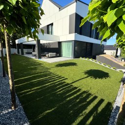 A-Z Ogród Damian Mroch - Nowoczesny ogród z równo przystrzyżonym trawnikiem, drzewami wzdłuż ścieżki z kamieni i minimalistycznym domem w tle, oświetlony jasnym słońcem.