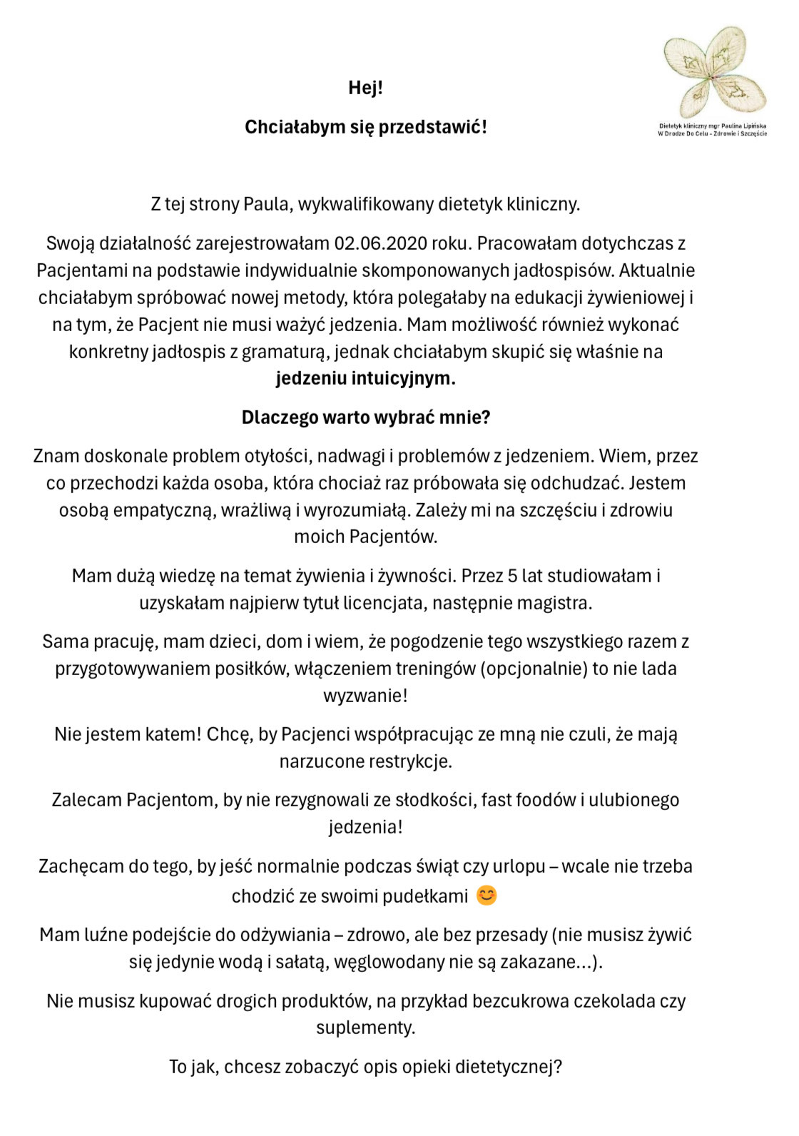 Tekst z ofertą dietetyka klinicznego mgr Pauliny Lipińskiej, podkreślający indywidualne podejście do pacjenta i edukację żywieniową.