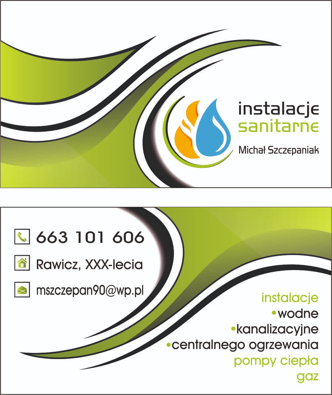 Wizytówka firmy instalacyjnej z logo przedstawiającym płomień i kroplę wody, dane kontaktowe i zakres usług: instalacje wodne, kanalizacyjne, centralnego ogrzewania, pompy ciepła, gaz.