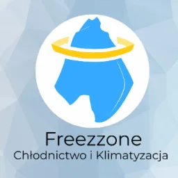 Logo firmy Freezzone Chłodnictwo i Klimatyzacja z stylizowaną górą lodową otoczoną złotym pierścieniem na abstrakcyjnym tle.