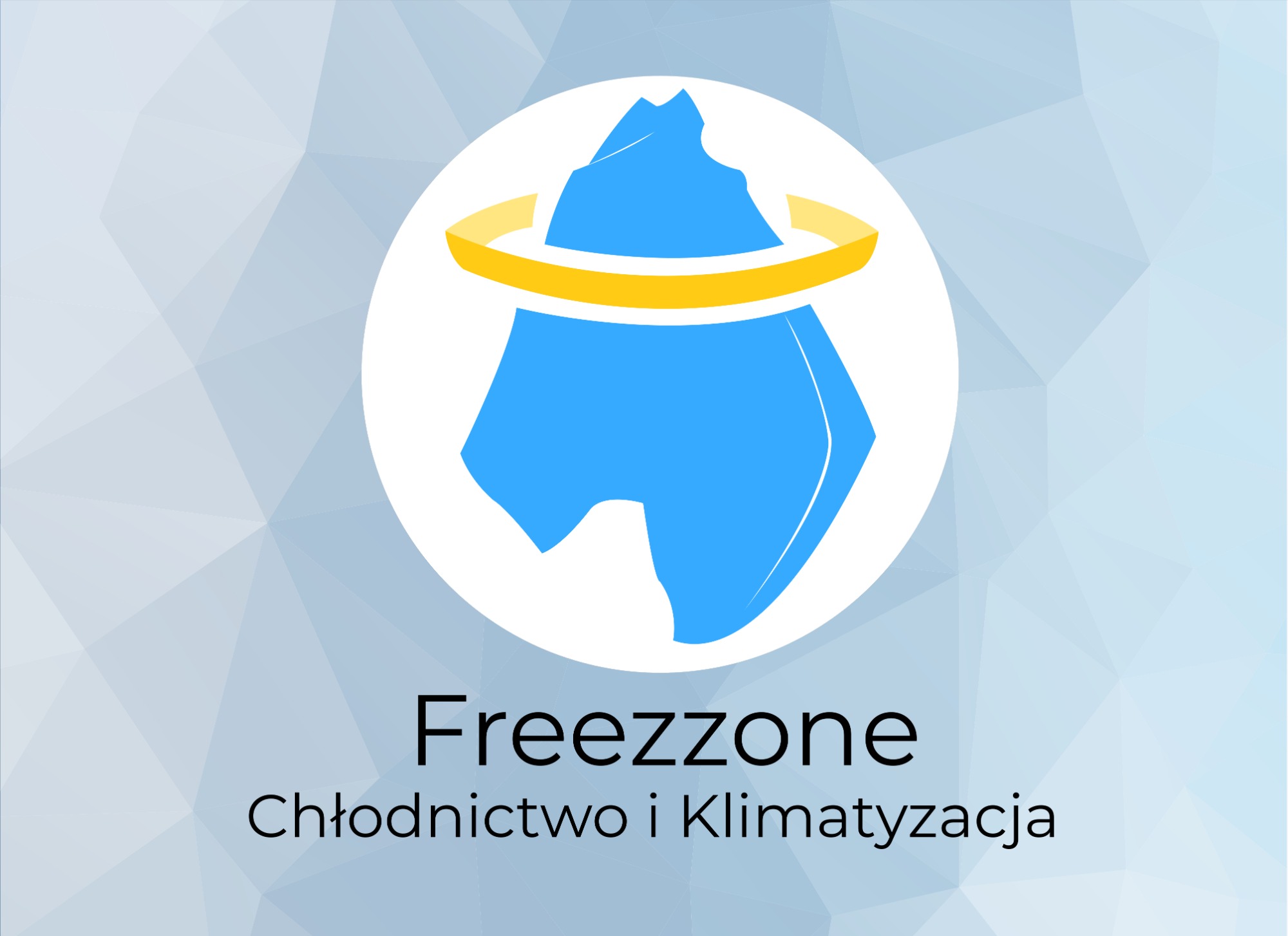 Logo firmy Freezzone Chłodnictwo i Klimatyzacja z stylizowaną górą lodową otoczoną złotym pierścieniem na abstrakcyjnym tle.