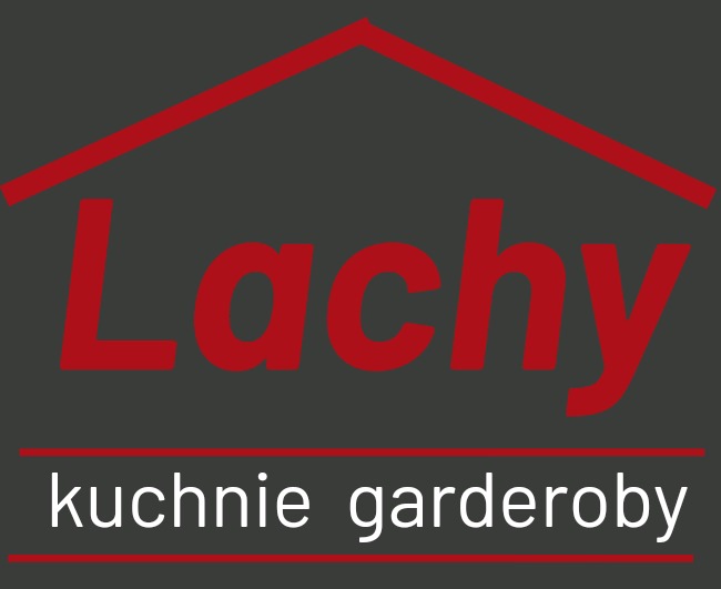 Logo firmy 'Lachy' w kolorze czerwonym na szarym tle, z napisem 'kuchnie garderoby' poniżej.