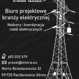 Czarno-biała grafika przedstawiająca słup wysokiego napięcia obok danych kontaktowych firmy PROXEL Piotr Kata, biura projektowego branży elektrycznej, z adresem i numerami NIP i REGON.