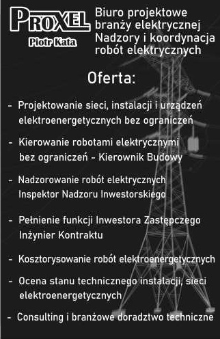 Czarno-biała reklama biura projektowego branży elektrycznej z ofertą usług, na tle schematyczny rysunek słupa wysokiego napięcia.