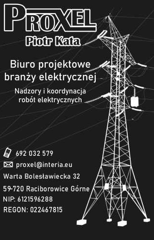 Czarno-biała grafika przedstawiająca słup wysokiego napięcia obok danych kontaktowych firmy PROXEL Piotr Kata, biura projektowego branży elektrycznej, z adresem i numerami NIP i REGON.