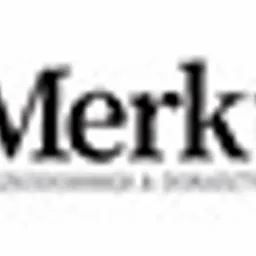 Logo firmy Merkury z niebieskim symbolem przypominającym czterolistną koniczynę i tekstem informacyjnym poniżej nazwy.