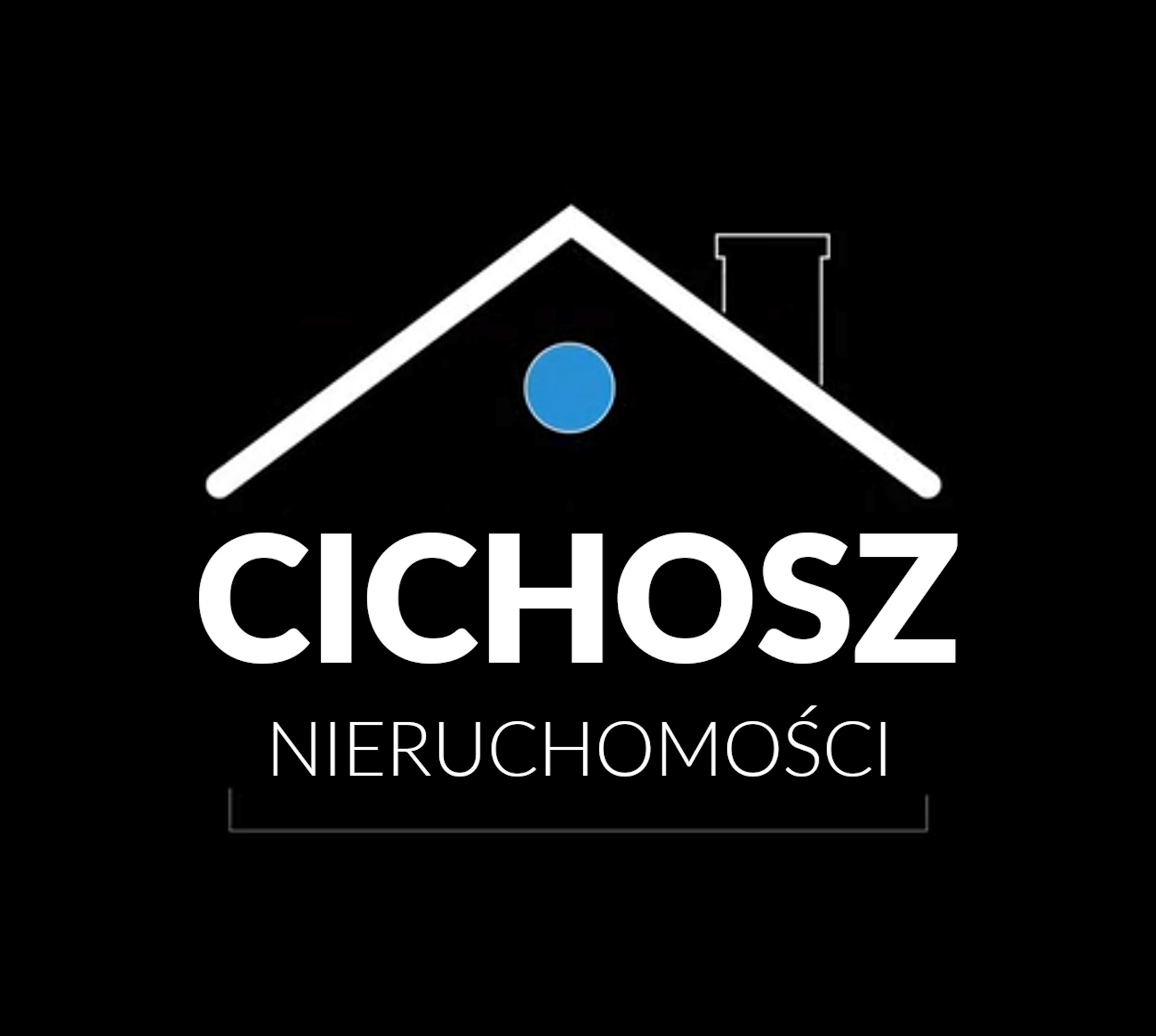 Logo firmy Cichosz Nieruchomości z uproszczonym symbolem domu w kolorze białym i niebieskim na czarnym tle.