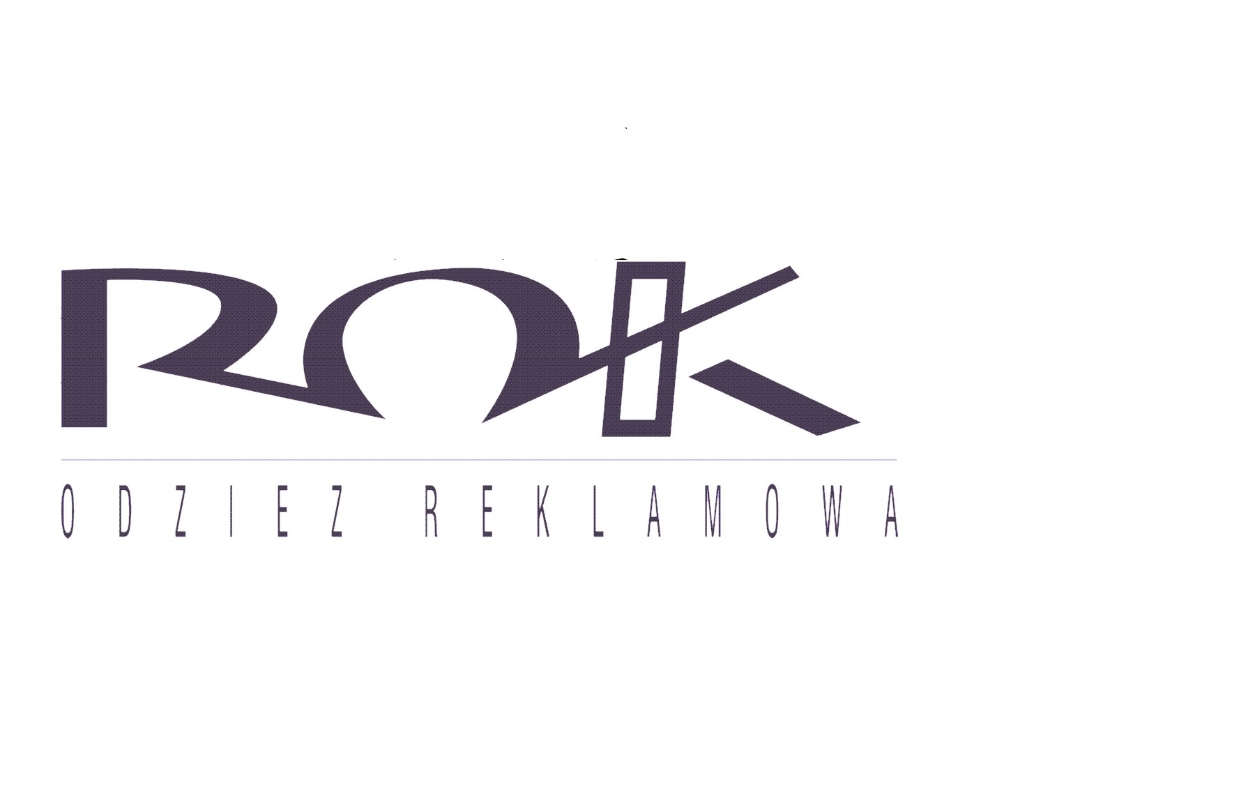 Logo firmy 'ROK Odzież Reklamowa' w kolorze fioletowym na białym tle.