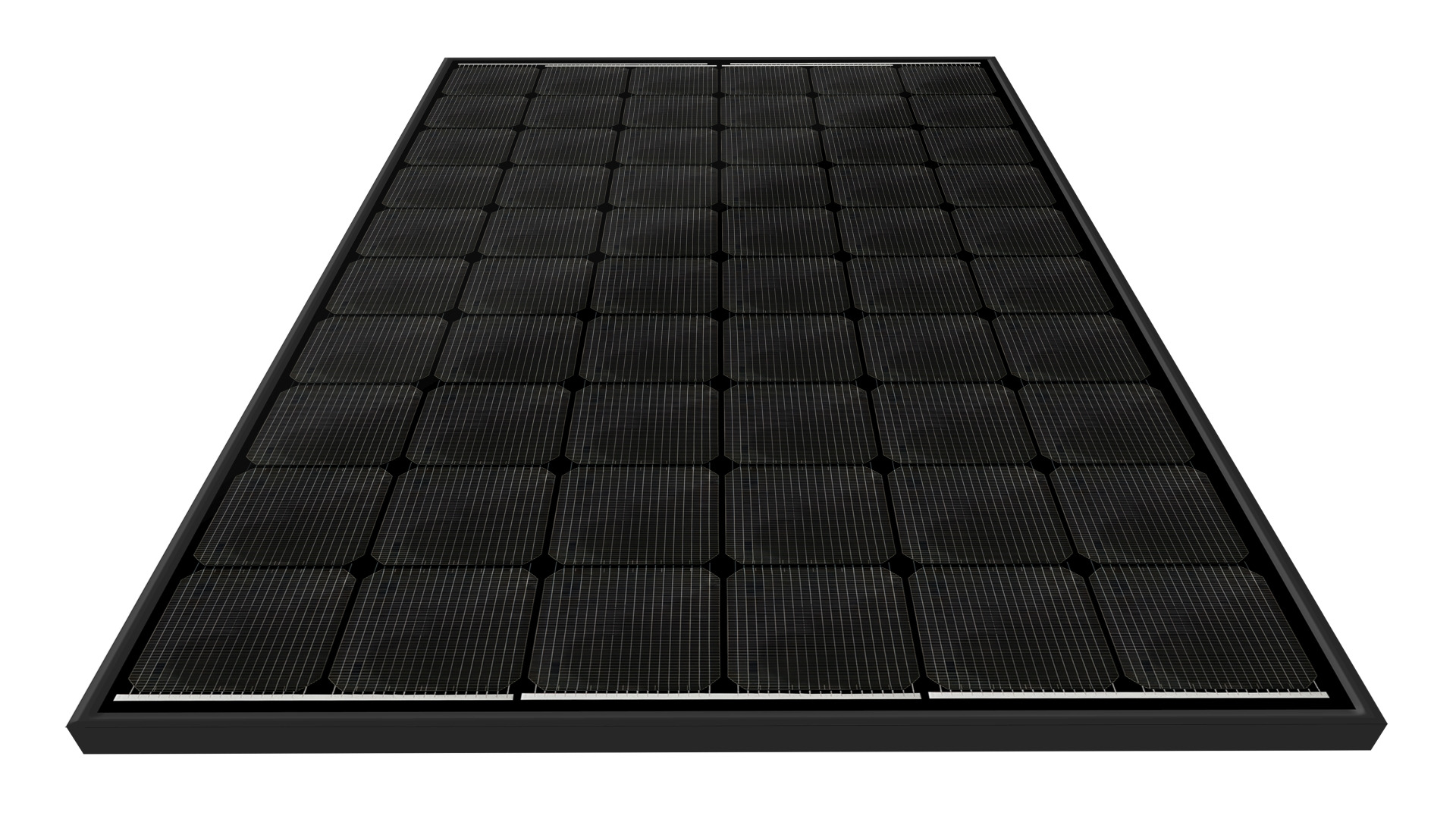 Czarny panel fotowoltaiczny z widoczną strukturą ogniw, ustawiony pod kątem na białym tle.