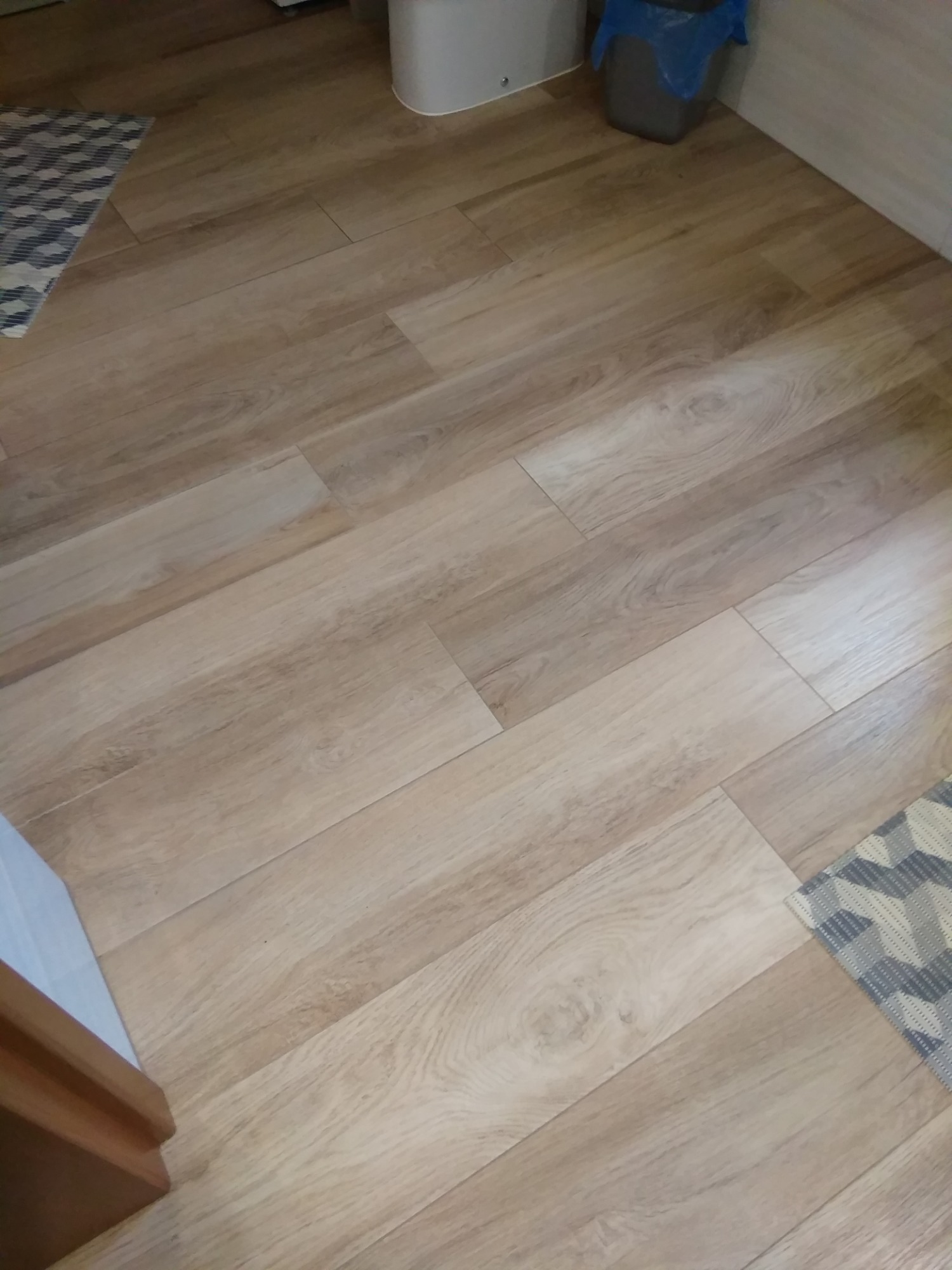 Jasne panele podłogowe imitujące drewno ułożone w łazience, widoczny fragment dywanika ze wzorem geometrycznym oraz kosz na śmieci i toaleta w tle.