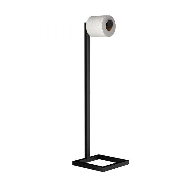 Wolnostojący, czarny, minimalistyczny stojak na papier toaletowy z rolką papieru o delikatnym wzorze, na białym tle.