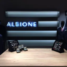 Wnętrze butiku z elegancką odzieżą i biżuterią, prezentujące ekspozycję mankietów i pierścionków na drewnianym stole, w tle podświetlony neonowy napis 'ALBIONE' i manekin w garniturze.