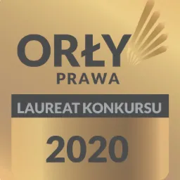 Złota plakietka z napisem 'Orły Prawa', 'Laureat Konkursu 2020' oraz graficznym symbolem piór.