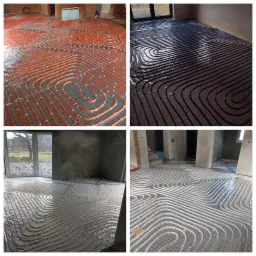 Cztery ujęcia z różnych pomieszczeń pokazujące etapy montażu ogrzewania podłogowego: pomarańczowe, czarne i białe rurki ułożone na siatce na folii izolacyjnej, surowe ściany w tle.