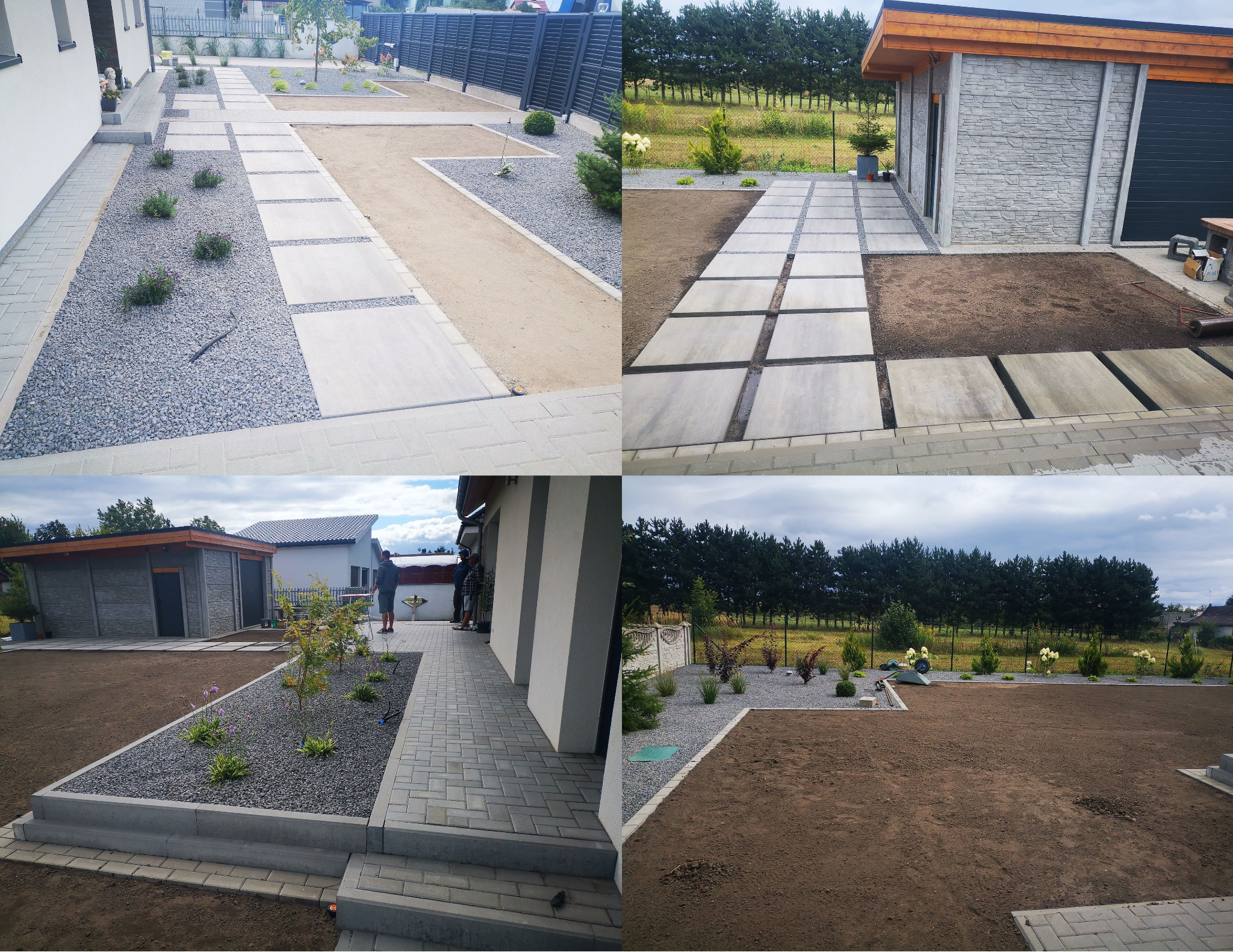 Kompozycja czterech ujęć ogrodu: ścieżki z płyt betonowych, rabaty z szarym żwirem, świeżo przygotowany teren pod trawnik, oraz mała budowla z szarej cegły.