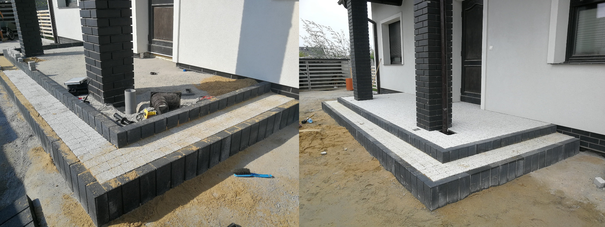 Etap prac brukarskich: układanie jasnoszarej kostki na schodach wejściowych i obrzeżach z ciemnoszarej kostki, widoczne narzędzia i piasek.