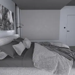 Monochromatyczna sypialnia z dużym łóżkiem, szarą pościelą i grafiką leśną nad wezgłowiem, oświetlona lampami ściennymi.