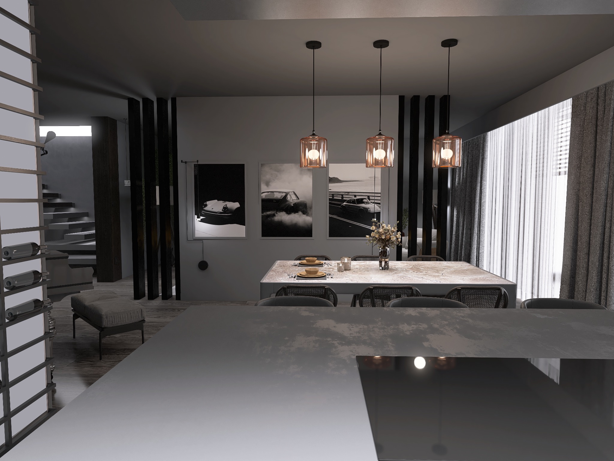 Nowoczesna jadalnia z dużym stołem z kamiennym blatem, wiszącymi lampami z pomarańczowego szkła i czarnymi krzesłami z plecionym oparciem, trzy czarno-białe zdjęcia samochodów na ścianie, widok...