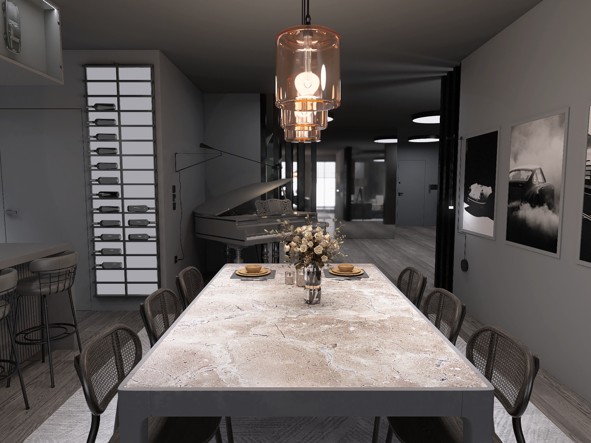Jadalnia w odcieniach szarości z marmurowym stołem, krzesłami z plecionki, pianinem w tle i dekoracyjną lampą wiszącą.