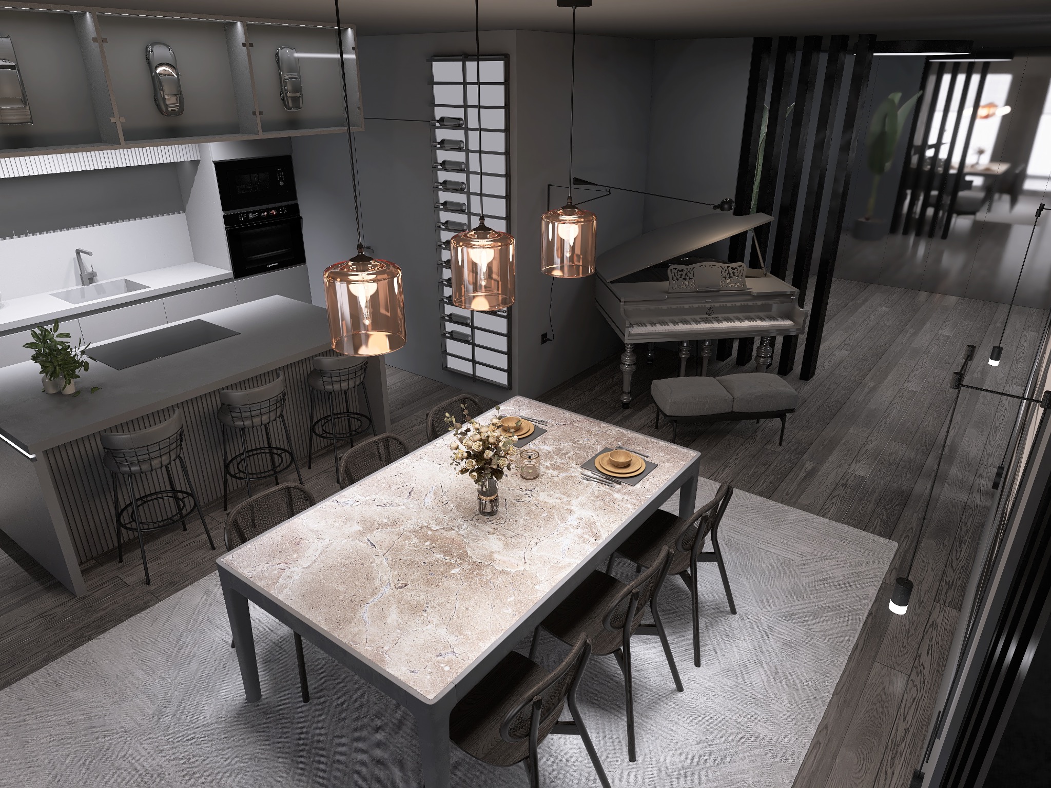 Eleganckie wnętrze jadalni z marmurowym stołem, krzesłami z ciemnego drewna, wiszącymi lampami w bursztynowym odcieniu, białym fortepianem Steinway i ekspozycją modeli samochodów pod sufitem.