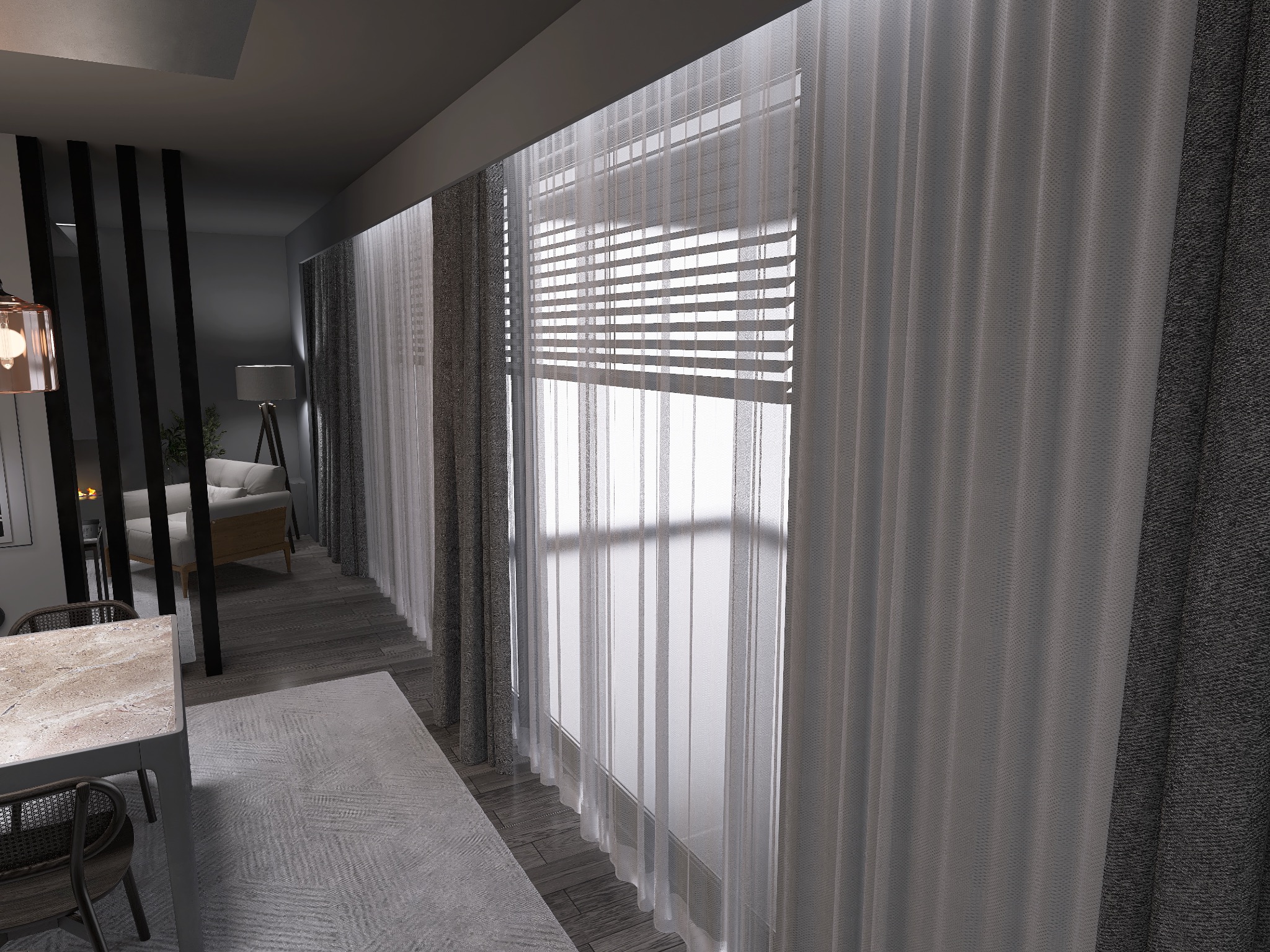 Nowoczesne wnętrze mieszkania z zasłonami zaciemniającymi i żaluzjami, widok na salon z jadalnią, marmurowy stół i rattanowe krzesła.