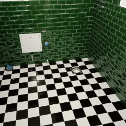 Świeżo wykafelkowana łazienka z błyszczącymi, szmaragdowozielonymi płytkami typu metro na ścianach i podłogą w czarno-białą szachownicę, widoczne przyłącza wodne i rewizja.