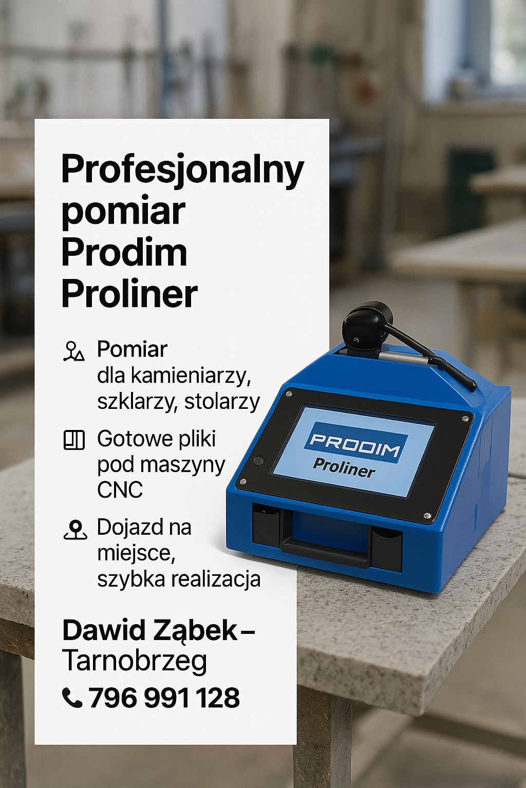 Urządzenie pomiarowe Prodim Proliner w kolorze niebieskim, dedykowane dla kamieniarzy, szklarzy i stolarzy, z informacją o gotowych plikach pod maszyny CNC i dojeździe na miejsce realizacji...
