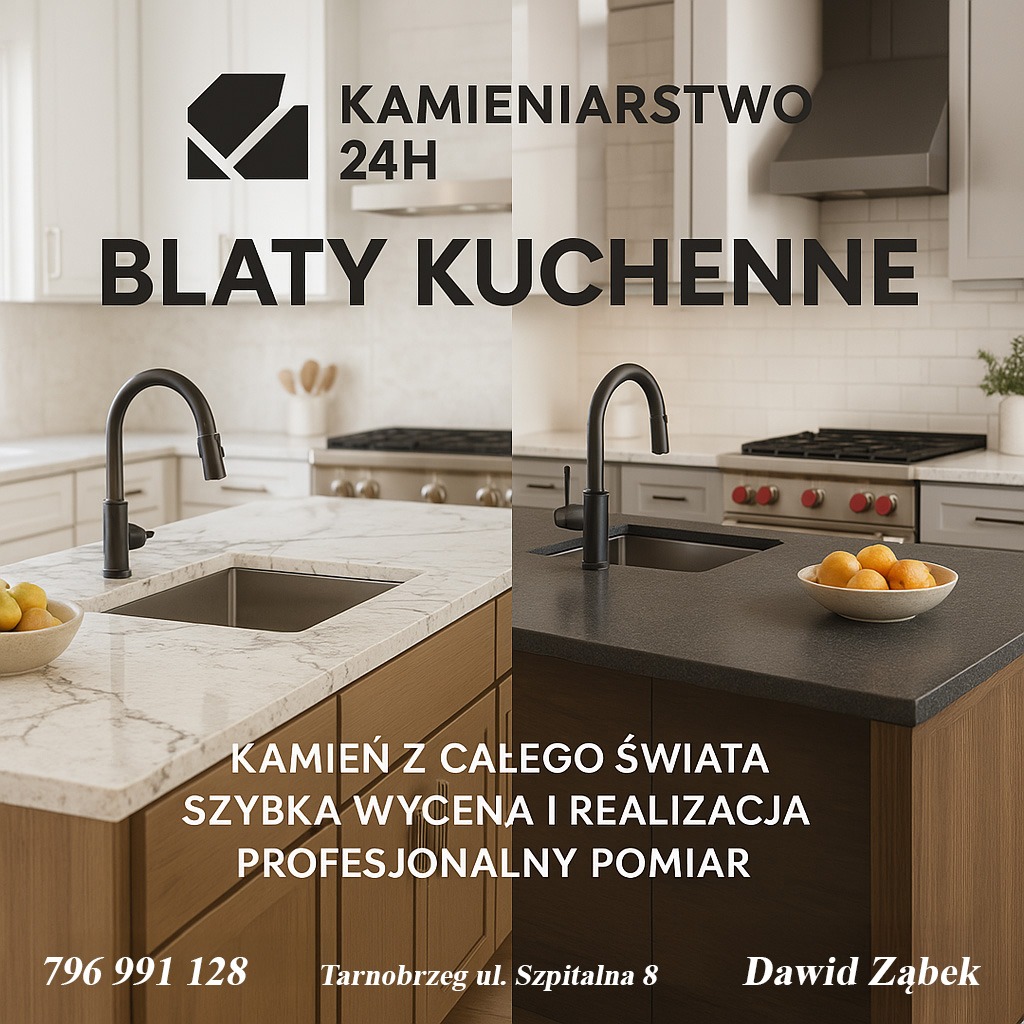 Prezentacja dwóch aranżacji blatu kuchennego: jasny marmurkowy z cytrynami i ciemny, minimalistyczny z owocami, oba z nowoczesną armaturą i wbudowanymi zlewozmywakami.