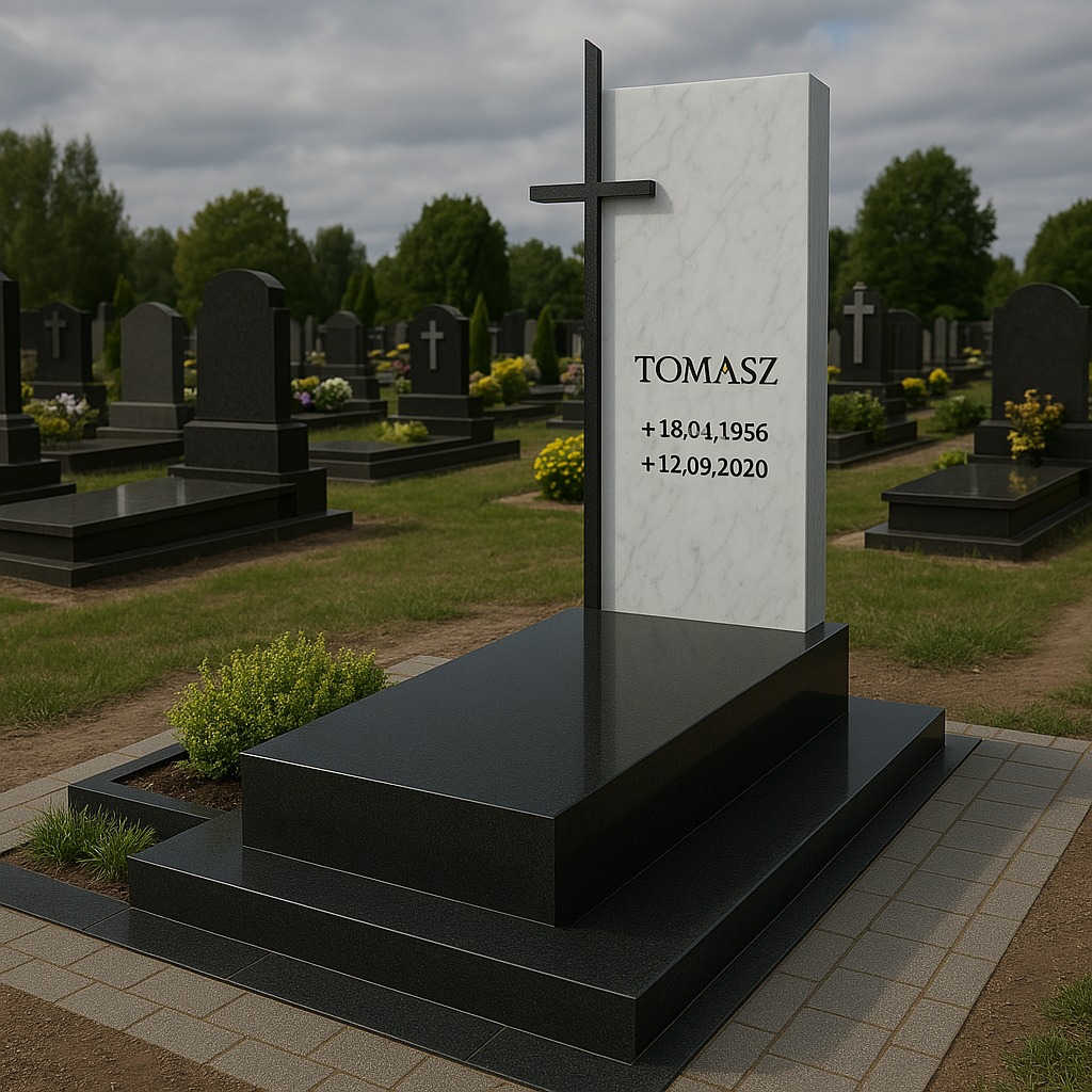 Elegancki, czarno-biały nagrobek z krzyżem na tle cmentarza. Minimalistyczny design, gładkie powierzchnie kamienne, staranne wykonanie. Zieleń w tle dodaje kontrastu.